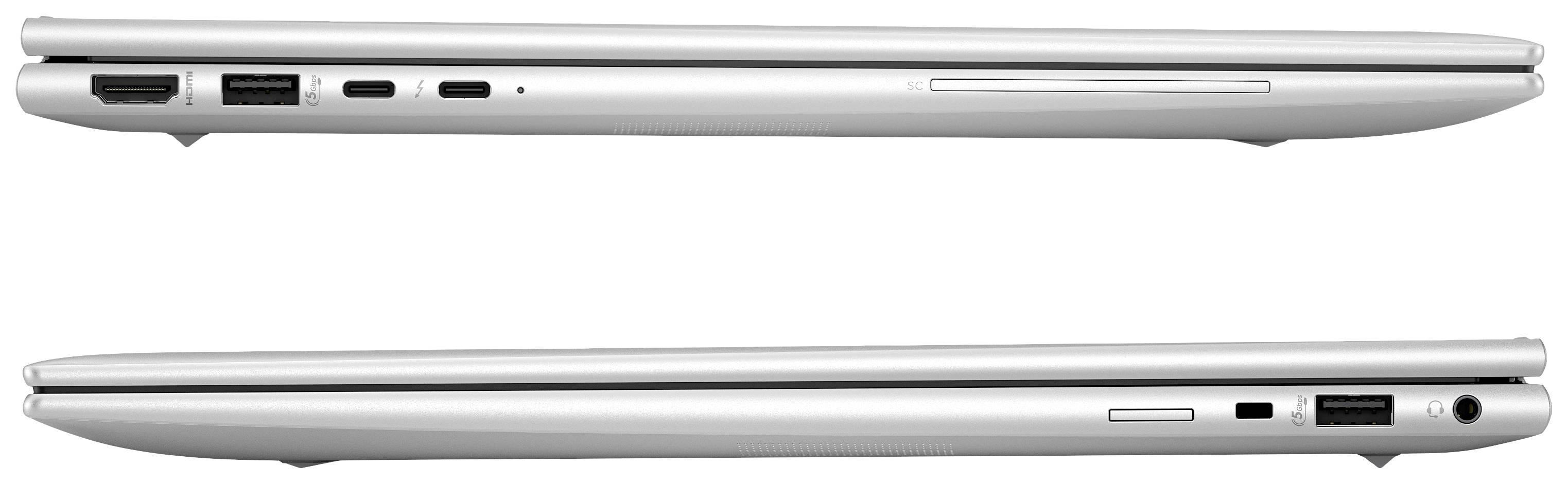 Zwei Laptops in Seitenansicht zeigen Anschlüsse und dünnes Design, einer oben, einer unten. Oben: HDMI, USB. Unten: USB, SD-Kartensteckplatz.