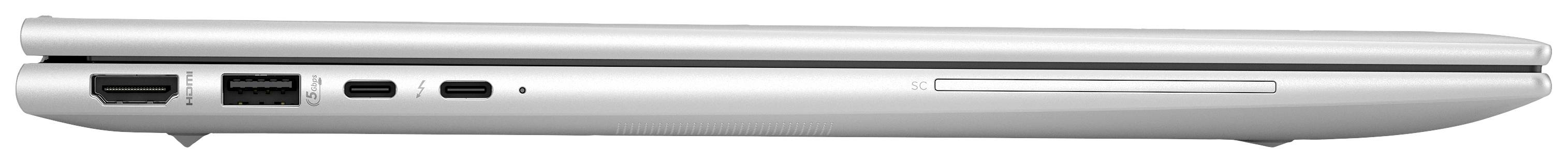 Seitenansicht eines geschlossenen Laptops mit mehreren Anschlüssen, darunter USB- und Ethernet-Ports sowie ein DVD-Laufwerk.