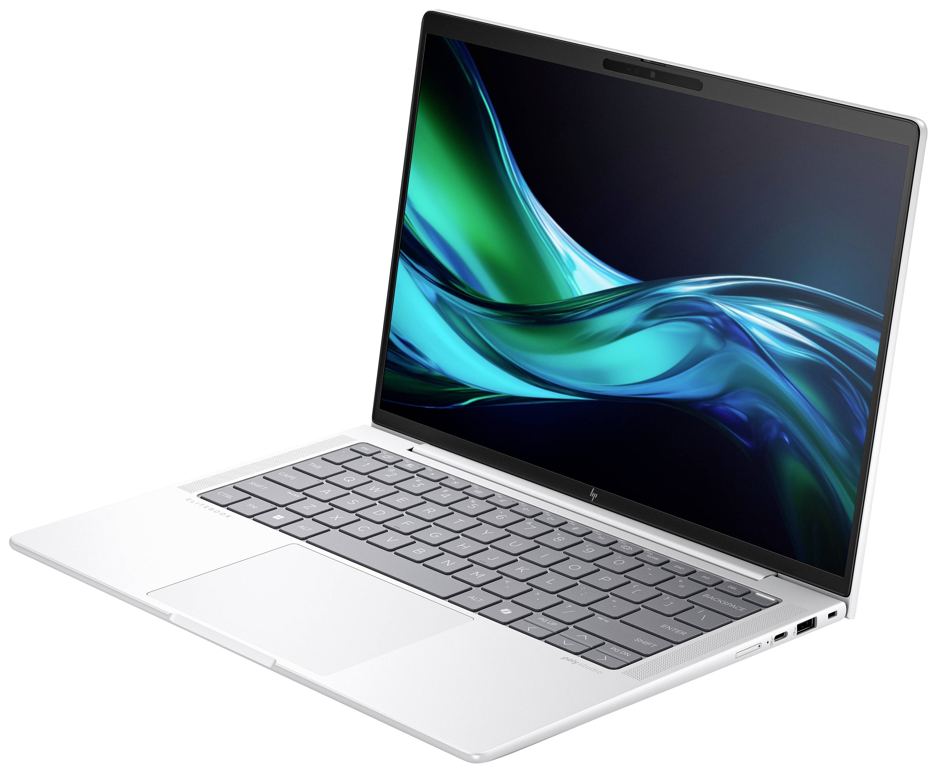 Ein moderner, schlanker Laptop mit hochauflösendem Bildschirm zeigt ein abstraktes, blau-grünes Wellenmuster auf dem Display.
