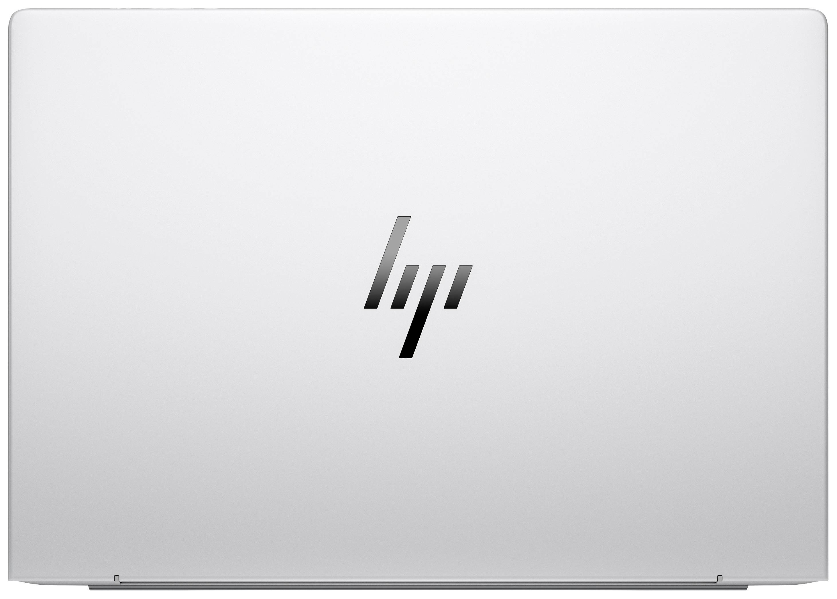 Laptop mit silbernem Gehäuse und schwarzem Logo auf dem Deckel.