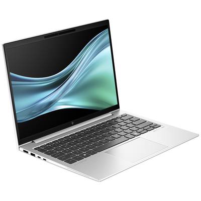 Ein silberner Laptop mit schwarzer Tastatur und einem Bildschirm, der eine blaue, wellenförmige Grafik zeigt.