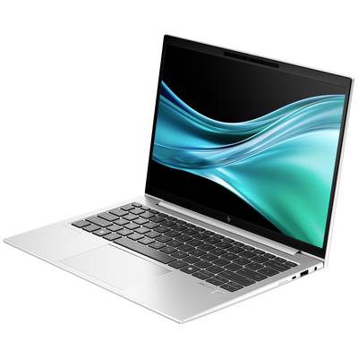 Silberner Laptop mit geöffnetem Bildschirm, der eine blaue, geschwungene Linie zeigt. Die Tastatur ist schwarz.