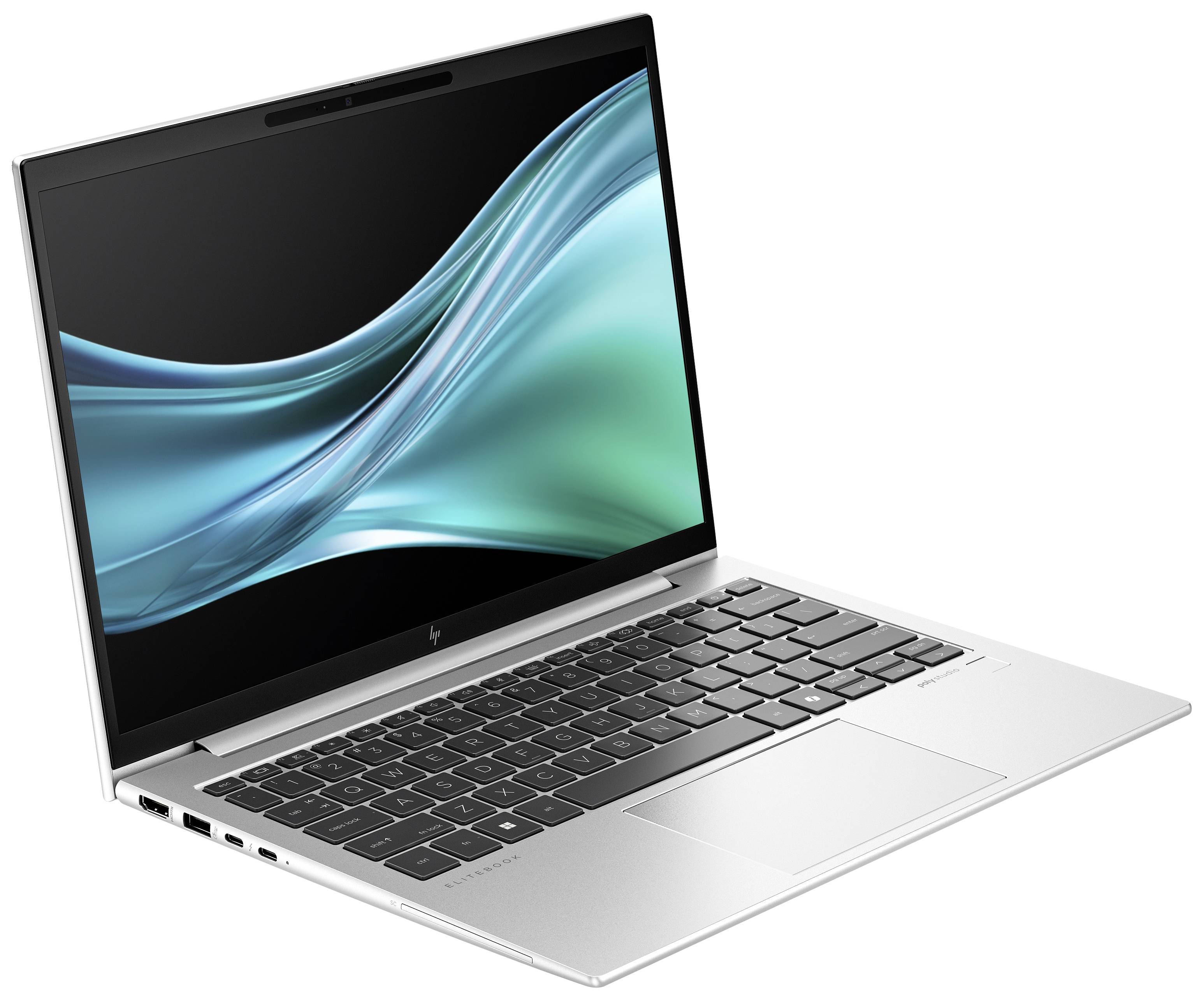 Ein silberner Laptop mit schwarzer Tastatur und einem Bildschirmschoner, der abstrakte blaue und grüne Wellen zeigt.