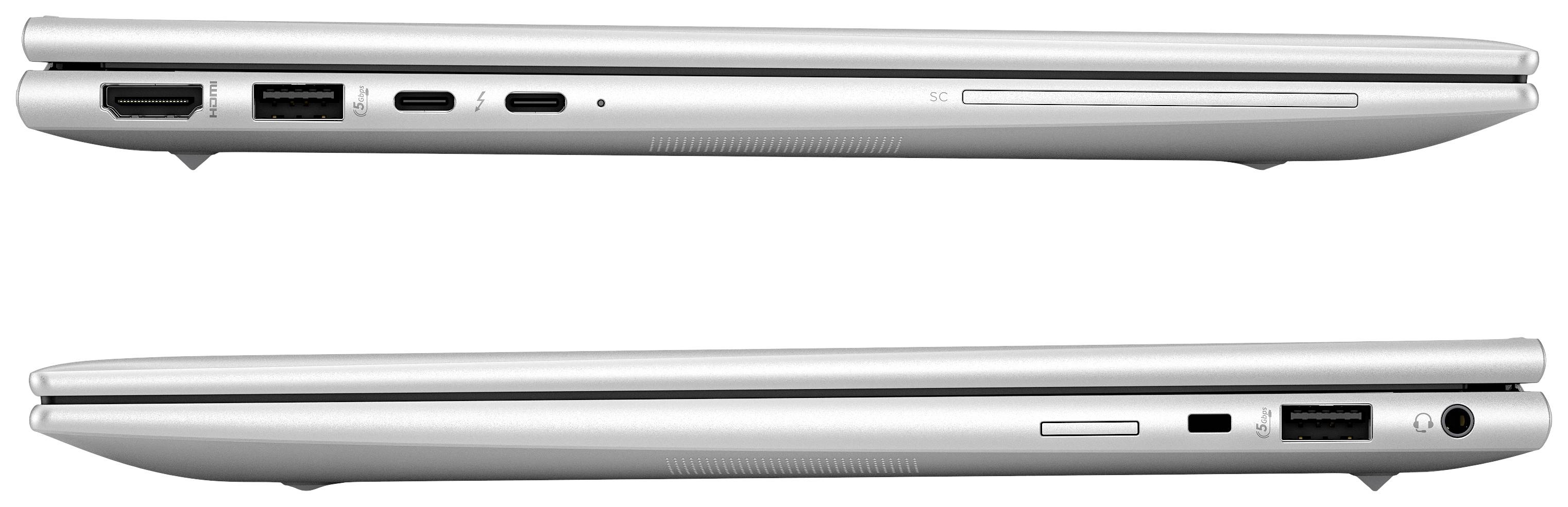 Seitenansicht eines dünnen, silbernen Laptops mit verschiedenen Anschlüssen, darunter HDMI, USB und Kopfhörerbuchse.