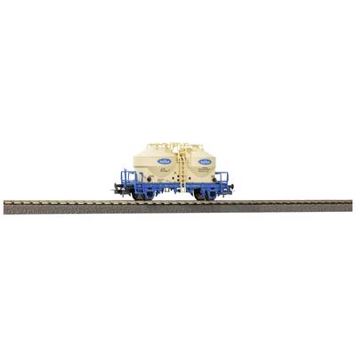 Zweisilo-Waggon-Modell in Creme und Blau auf einem Gleisabschnitt.