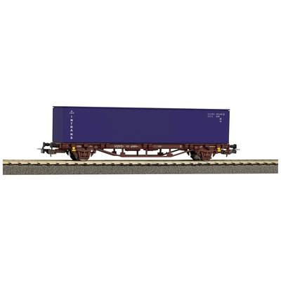 Ein dunkelblauer Güterbahncontainer mit der Aufschrift 'INTRANS' auf einem Schienenwaggon.