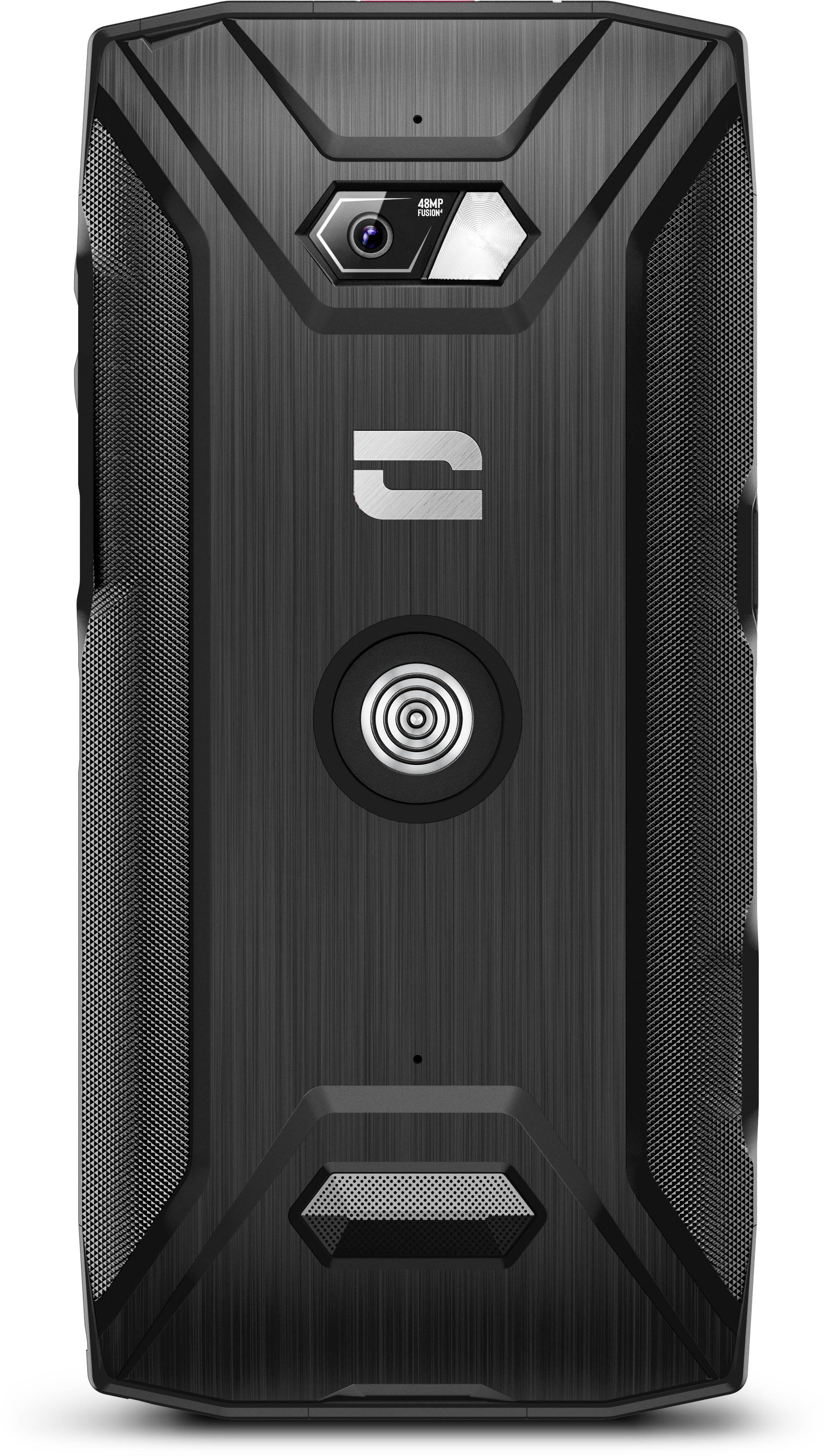 Rückseite eines schwarzen, robusten Smartphones mit einer Kamera oben und einem zentralen, kreisförmigen Design-Element.