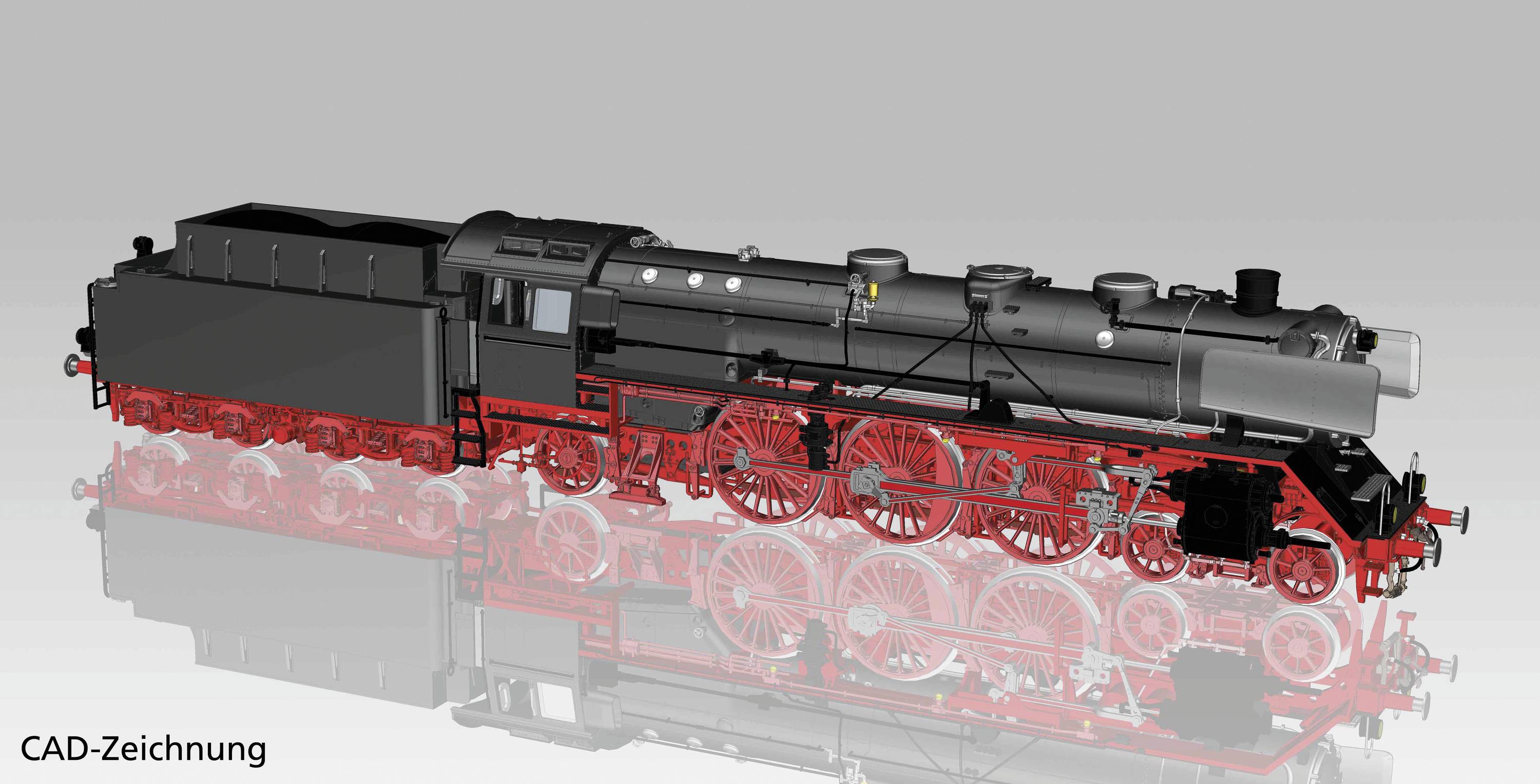 'CAD-Zeichnung einer dampfbetriebenen Lokomotive mit roten Rädern und schwarzem Kesselwagen, auf spiegelnder Oberfläche.'