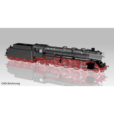 'CAD-Zeichnung einer dampfbetriebenen Lokomotive mit roten Rädern und schwarzem Kesselwagen, auf spiegelnder Oberfläche.'