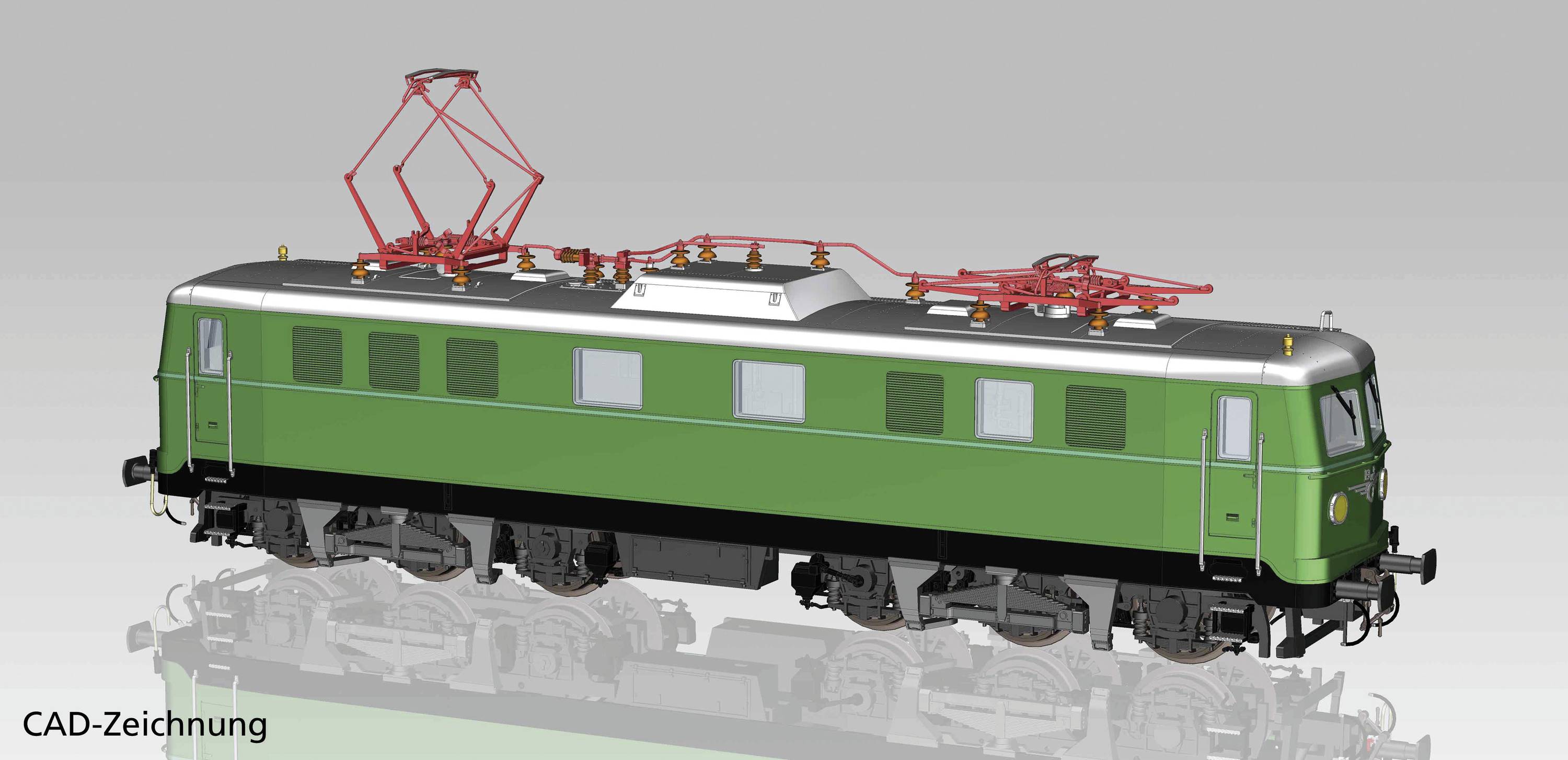 Eine CAD-Zeichnung einer grünen Elektrolokomotive mit roten Stromabnehmern auf einem grauen Hintergrund.