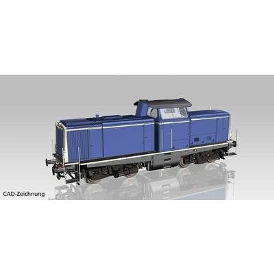 Eine blaue Lokomotive in einer CAD-Zeichnung, seitliche Ansicht mit sichtbaren Details der Struktur und Achsen, auf grauem Hintergrund.