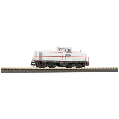 Modelleisenbahn-Lokomotive, weiß mit roten Streifen, steht auf einem Gleis. Detailliertes Design, typisch für Sammler-Modelle.