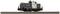 Ein Modellzuglokomotive steht auf einem Gleis. Sie ist dunkelgrau mit weißen Akzenten und hat detaillierte Komponenten und Beschriftungen.