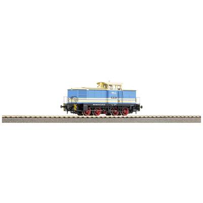 Ein blau-gelbes Modell einer Diesellokomotive mit rotem Fahrgestell auf einem Gleis. Lokomotive trägt die Nummer '261'.