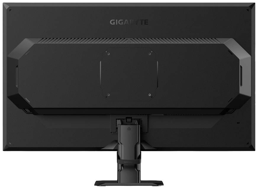 Rückansicht eines schwarzen Gigabyte-Monitors mit stabilem Standfuß und Belüftungsöffnungen auf der Rückseite; keine Bildschirmanzeige sichtbar.
