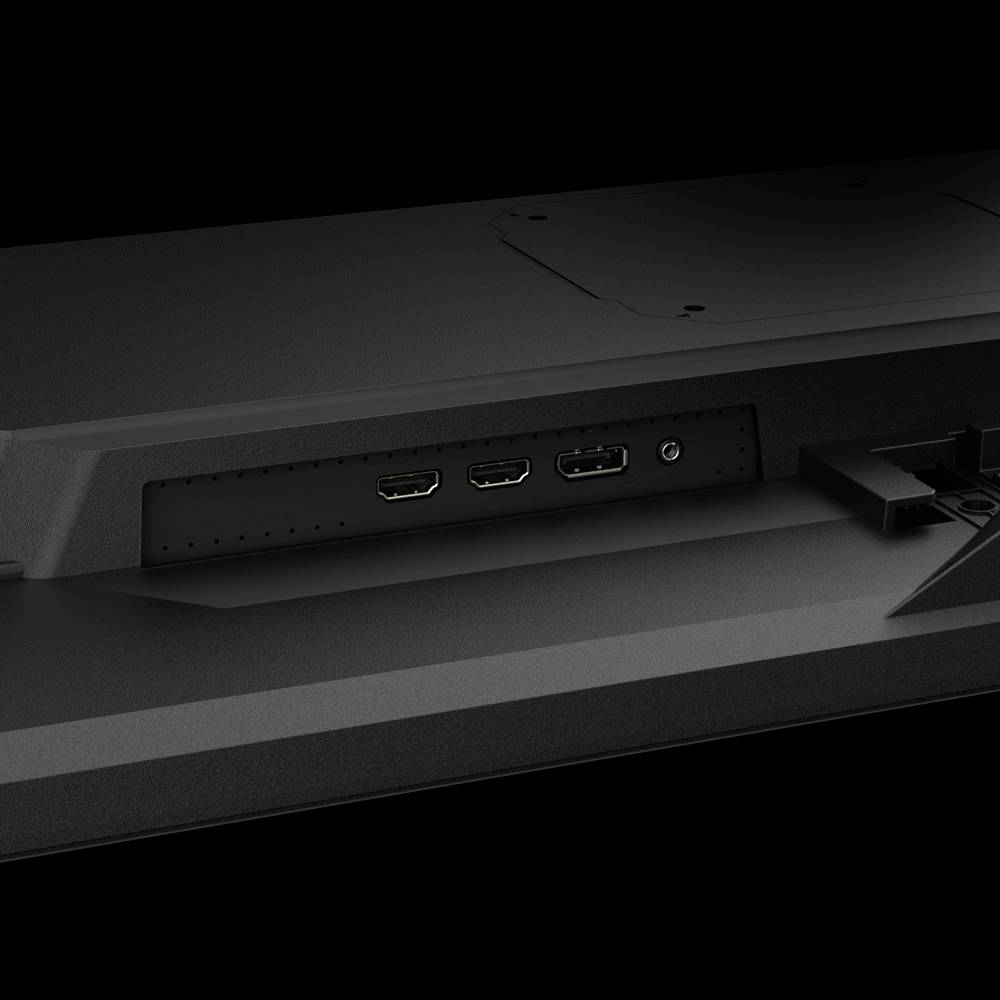 Monitor-Rückseite mit HDMI-, DisplayPort- und USB-Anschluss auf schwarzem Hintergrund.