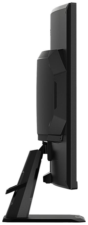 Seitenansicht eines schlanken, modernen Computermonitors mit stabilem Standfuß. Der Bildschirm ist vertikal ausgerichtet.