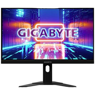 Ein Computermonitor mit leuchtender 'GIGABYTE'-Anzeige auf dem Bildschirm, umgeben von futuristischer digitaler Grafik in Blau- und Rottönen.