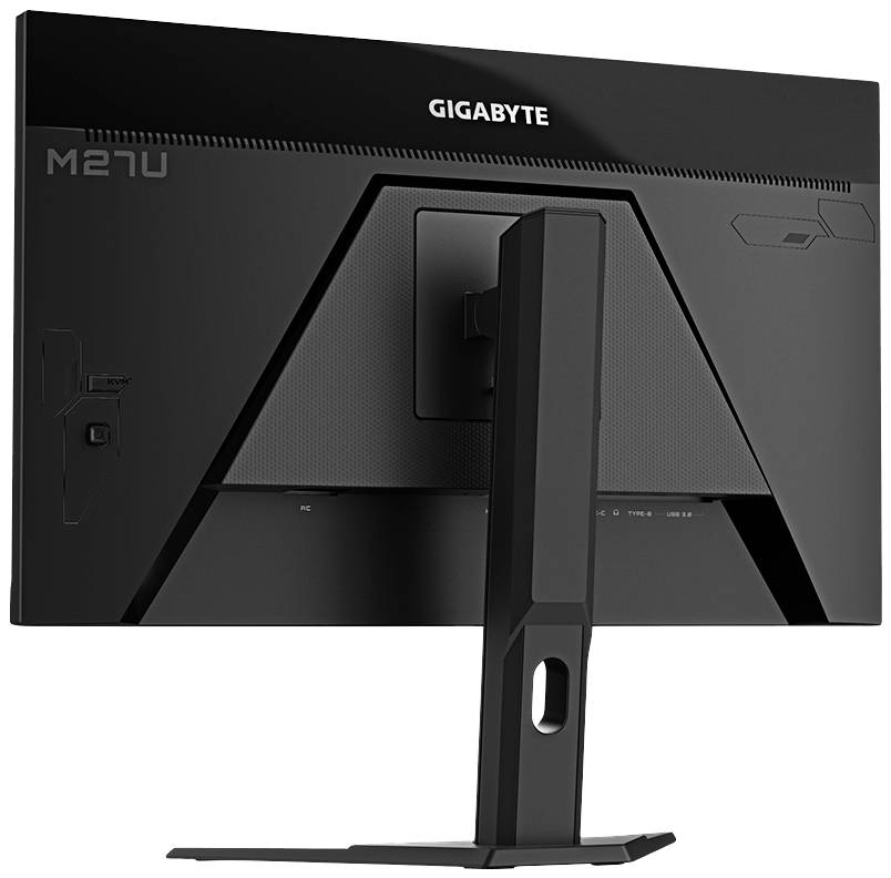 Ein schwarzer Monitor der Marke Gigabyte mit der Modellbezeichnung M27U, dargestellt von hinten, montiert auf einem verstellbaren Ständer.