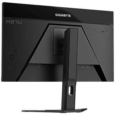 Ein schwarzer Monitor der Marke Gigabyte mit der Modellbezeichnung M27U, dargestellt von hinten, montiert auf einem verstellbaren Ständer.