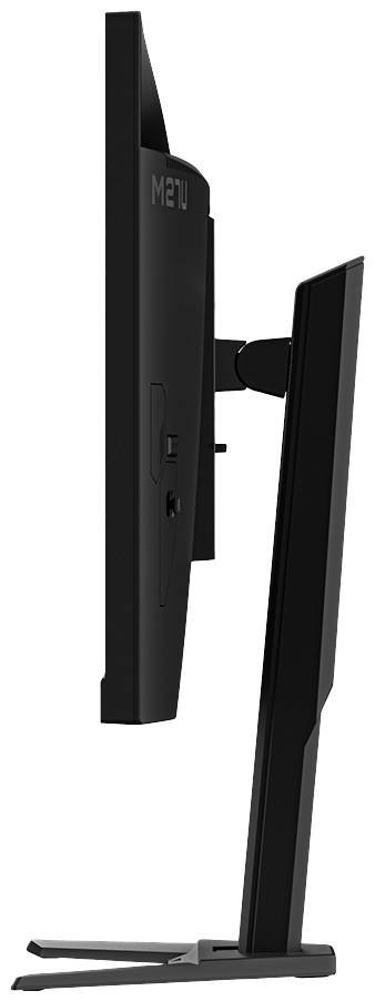 Seitliche Ansicht eines schlanken, schwarzen Computerbildschirms mit stabilem Standfuß.