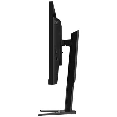 Seitliche Ansicht eines schlanken, schwarzen Computerbildschirms mit stabilem Standfuß.