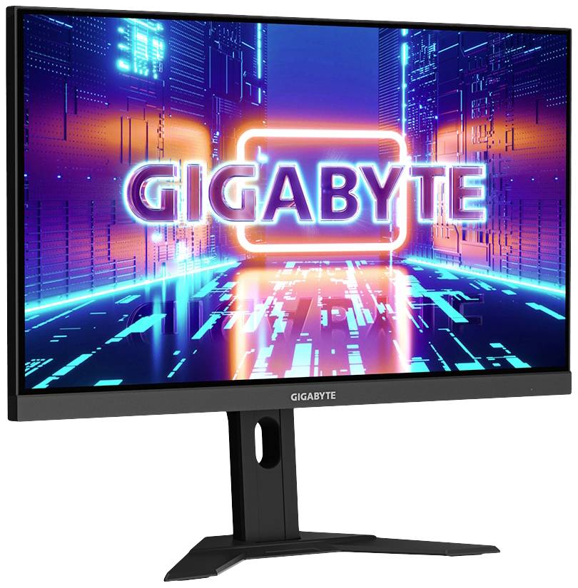 Ein Monitor mit dem Schriftzug 'GIGABYTE' auf dem Bildschirm. Der Hintergrund zeigt ein futuristisches, neonbeleuchtetes Design.