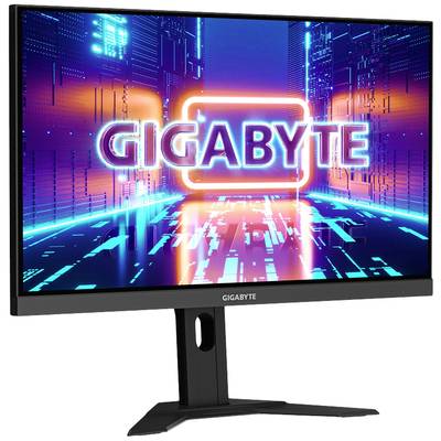 Ein Monitor mit dem Schriftzug 'GIGABYTE' auf dem Bildschirm. Der Hintergrund zeigt ein futuristisches, neonbeleuchtetes Design.