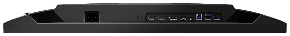 Rückseite eines Monitors mit mehreren Anschlussmöglichkeiten: Stromanschluss, HDMI, DisplayPort, USB-Ports und Audioanschluss.