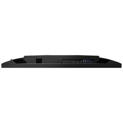 Rückseite eines Monitors mit mehreren Anschlussmöglichkeiten: Stromanschluss, HDMI, DisplayPort, USB-Ports und Audioanschluss.