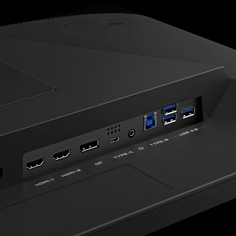 Bild der Rückseite eines Monitors mit mehreren Anschlüssen, darunter HDMI, DP, USB-Anschlüsse, und deren Beschriftungen.