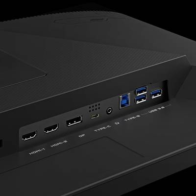 Bild der Rückseite eines Monitors mit mehreren Anschlüssen, darunter HDMI, DP, USB-Anschlüsse, und deren Beschriftungen.