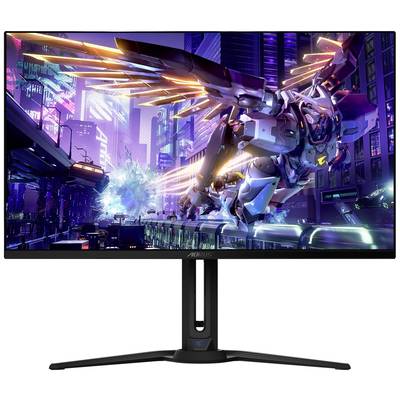 Ein futuristisches Videospielmotiv auf einem Monitor zeigt einen mechanischen Drachen in einer neonbeleuchteten Stadtlandschaft.