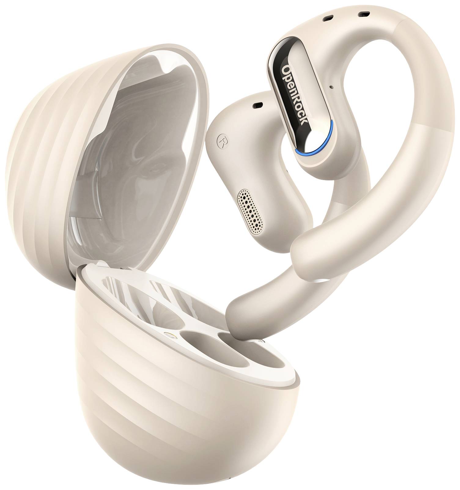 Kabellose Ohrhörer in beige im geöffneten Ladecase, mit ergonomischem Design und markantem Logo auf den Bügeln.