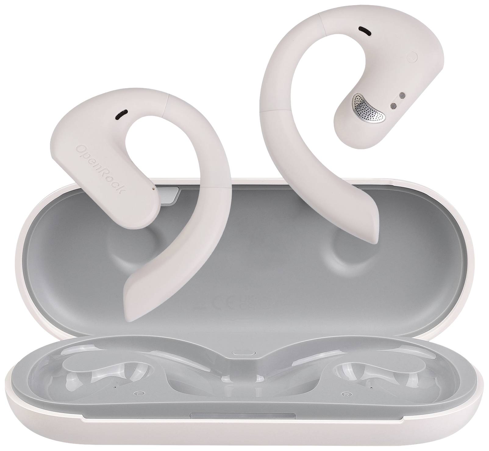 Kabellose Ohrhörer mit Ohrhaken-Design in einer offenen Ladebox. Die Ohrhörer sind ergonomisch und für Sportaktivitäten geeignet.