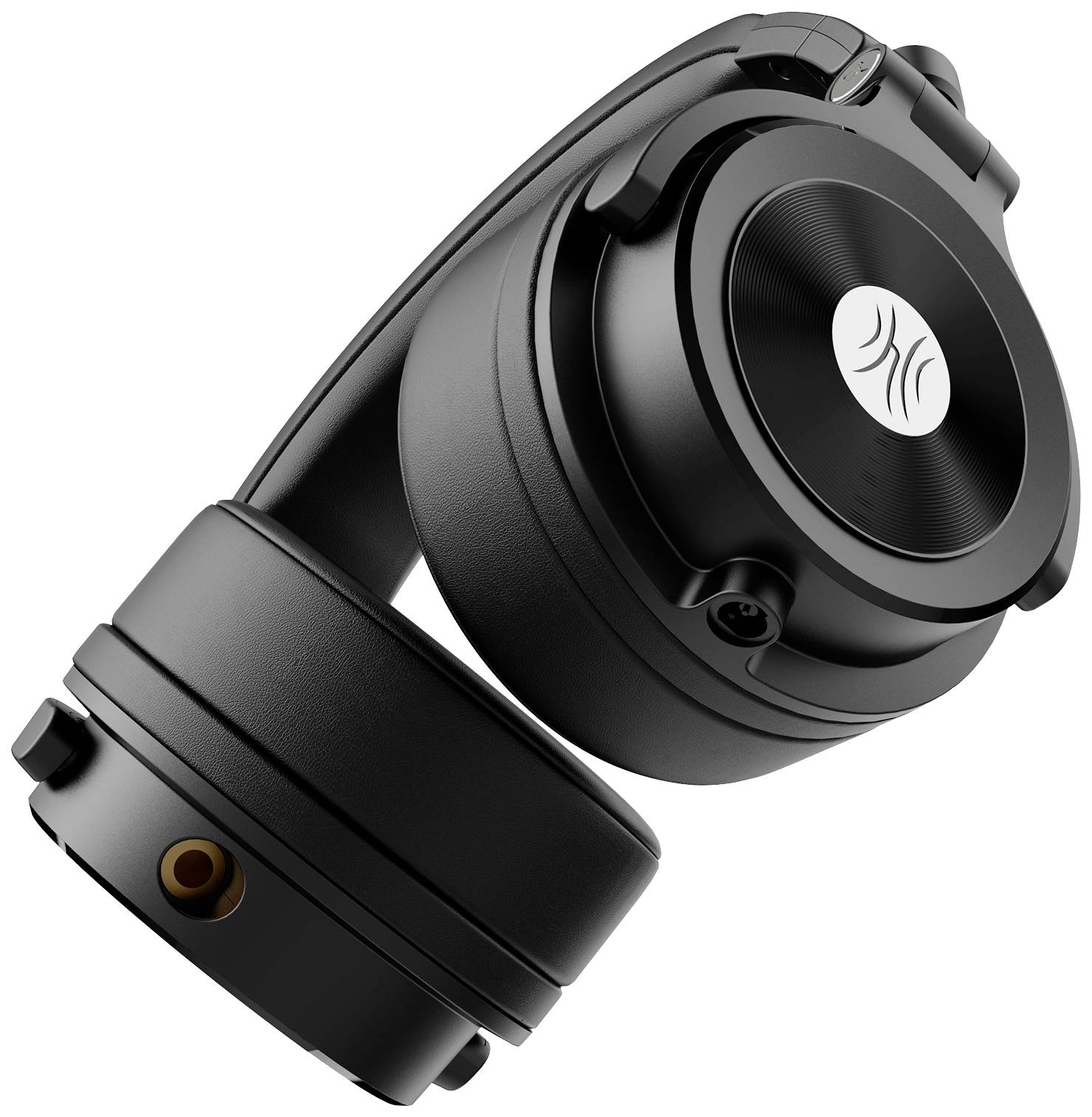 Schwarze, zusammenklappbare Kopfhörer mit Kabelanschluss und gepolsterten Ohrmuscheln, geeignet für Audio- und Musikgenuss.
