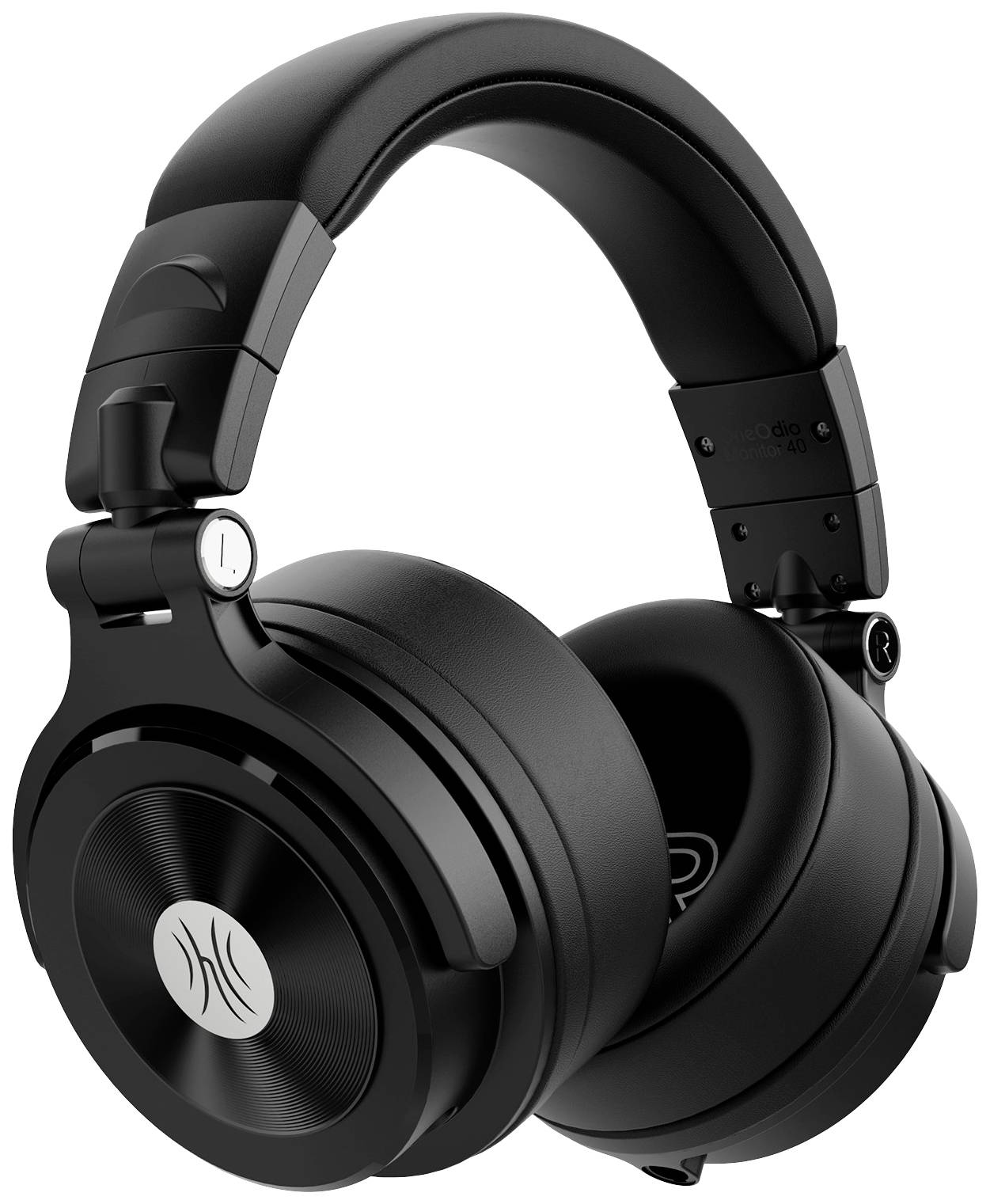 Schwarze Over-Ear-Kopfhörer mit gepolsterten Ohrmuscheln und verstellbarem Kopfbügel. Studio-Design, geeignet für Musikproduktion.