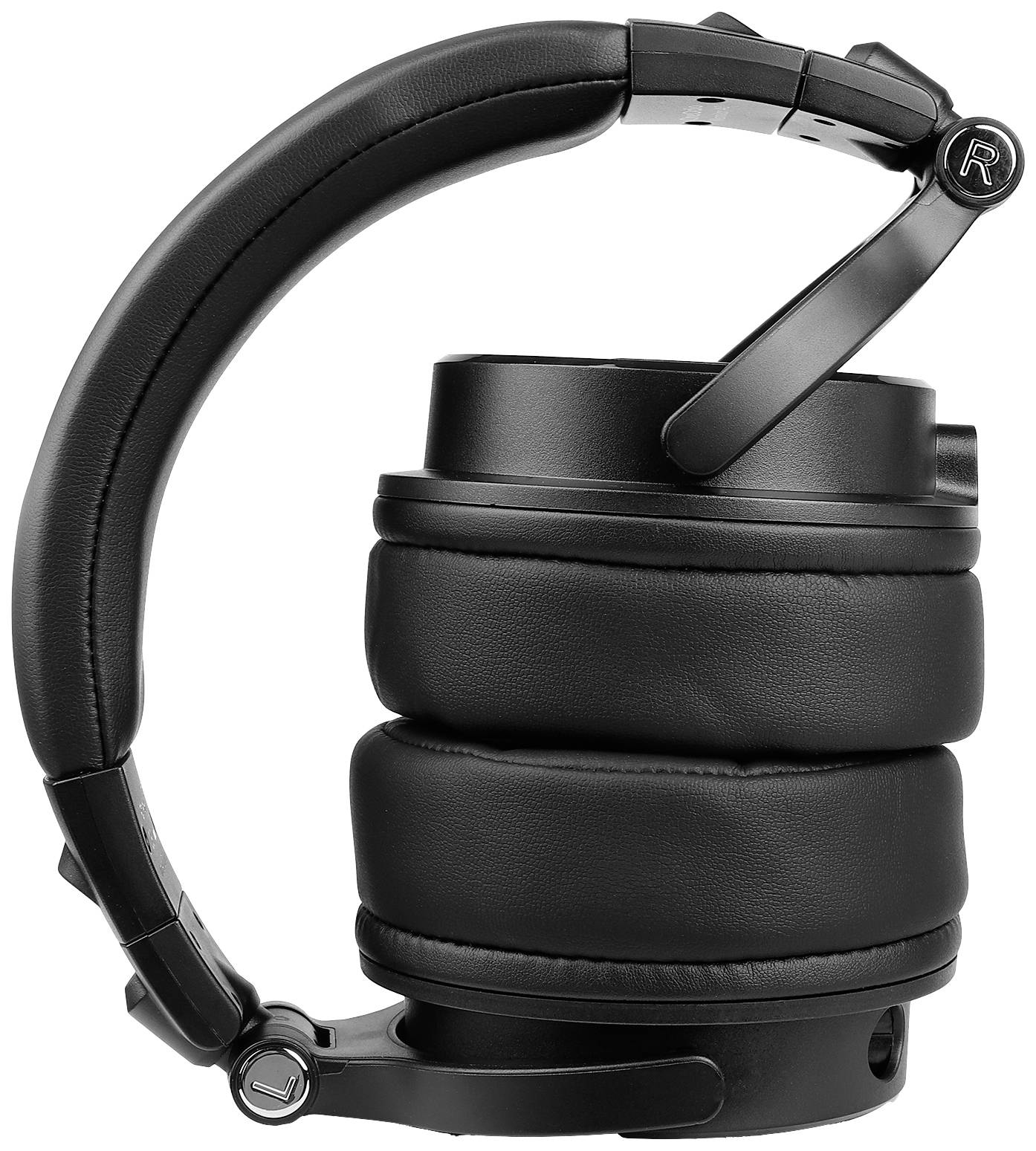 Schwarze, zusammengefaltete Over-Ear-Kopfhörer mit gepolsterten Ohrmuscheln, die platzsparend auf einer Oberfläche liegen.