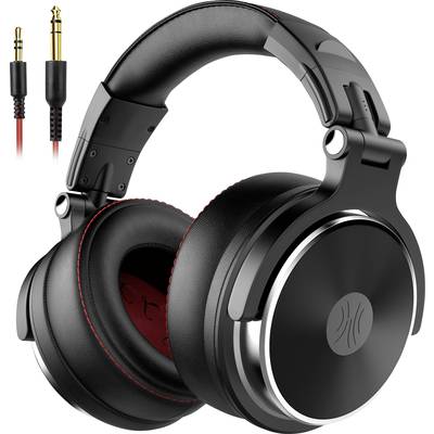 Schwarzer Over-Ear-Kopfhörer mit gepolsterten Ohrmuscheln und silbernen Akzenten, abgebildet neben einem Audioadapterkabel.