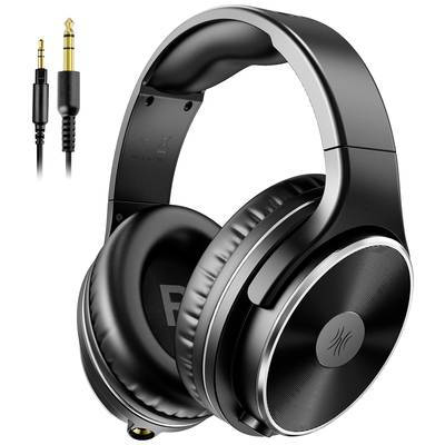 Schwarzer Over-Ear-Kopfhörer mit gepolsterten Ohrmuscheln. Abnehmbares Audiokabel mit 3,5-mm- und 6,3-mm-Klinkenstecker. Geeignet für Musik oder Studio.