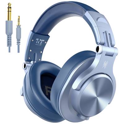 Blaue Over-Ear-Kopfhörer mit abnehmbarem Kabel und 3,5-mm-Adapter, geeignet für Musikgenuss oder Audioarbeit.