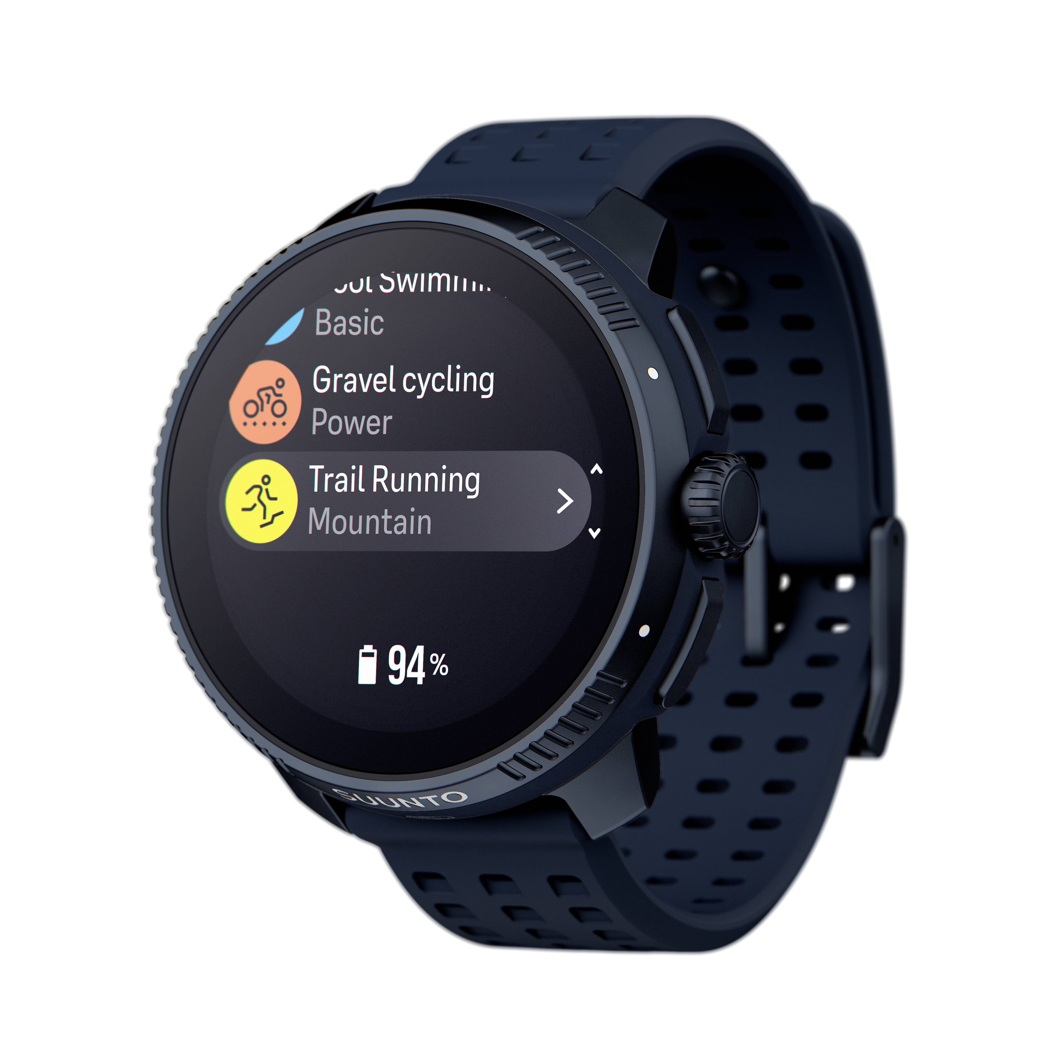 Eine schwarze Smartwatch mit rundem Display zeigt Sportmodi wie 'Gravel Cycling' und 'Trail Running' an sowie den Batteriestand von 94%.