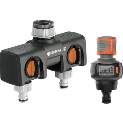 'GARDENA Bewässerungssystem mit zwei Anschlüssen und programmierbarem Timer. Ideal für die automatische Gartenbewässerung.'