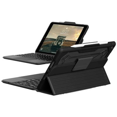 Ein Tablet mit angebrachter Tastatur sowie einem Stifthalter auf der Rückseite. Der Bildschirm zeigt das Bild eines Fahrzeuges in einer Wüstenlandschaft.