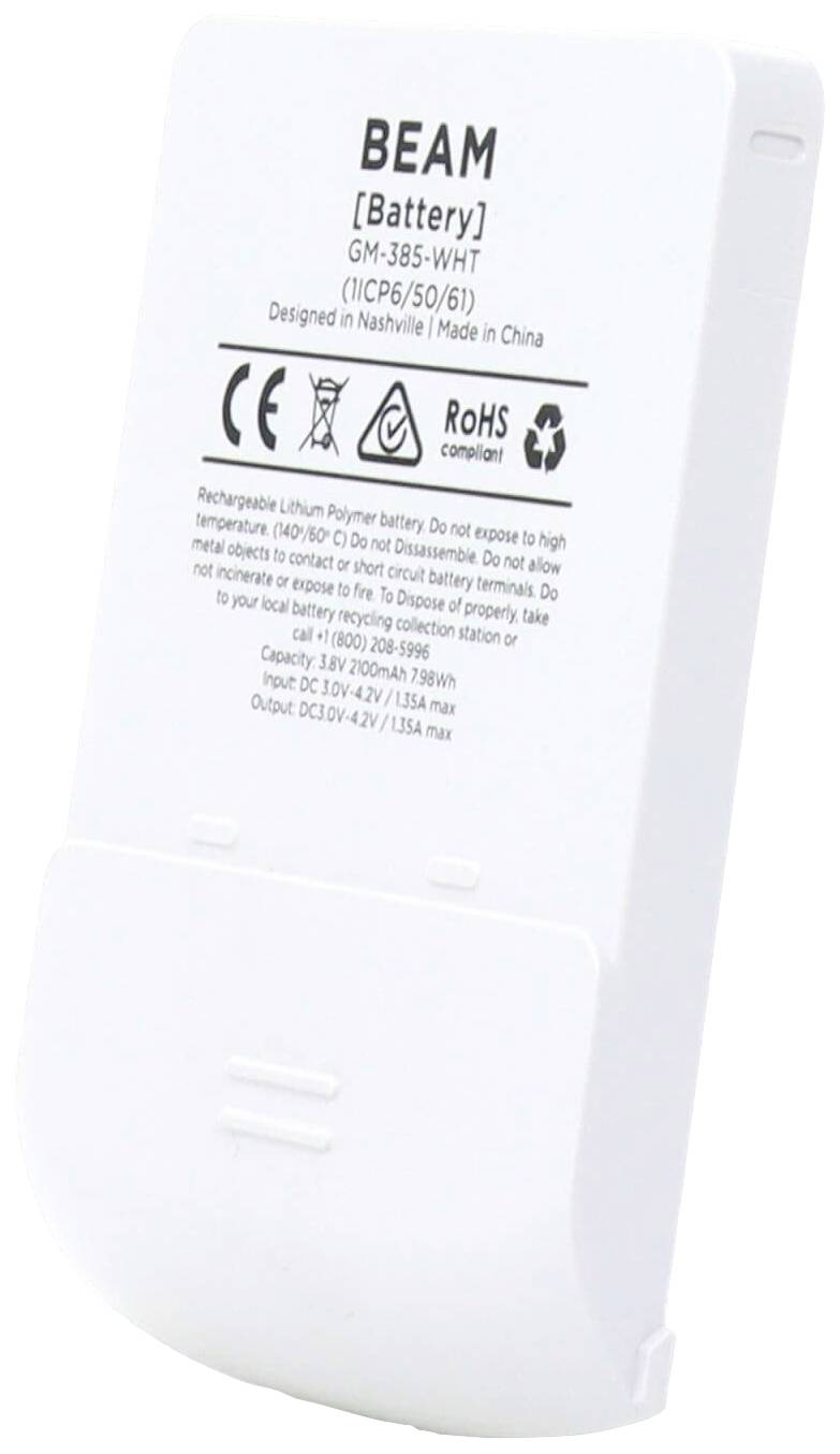 Ein weißes Gerät mit dem Namen 'BEAM' und Details zu Batterieinformationen und Zertifizierungen auf der Rückseite.