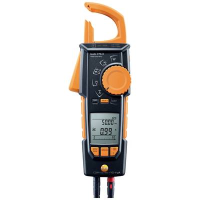 Digitaler Stromzangen-Multimeter von Testo mit Displayanzeige: 5000 V, 0,99 A. Funktionen umfassen Spannung, Strom und Widerstand.