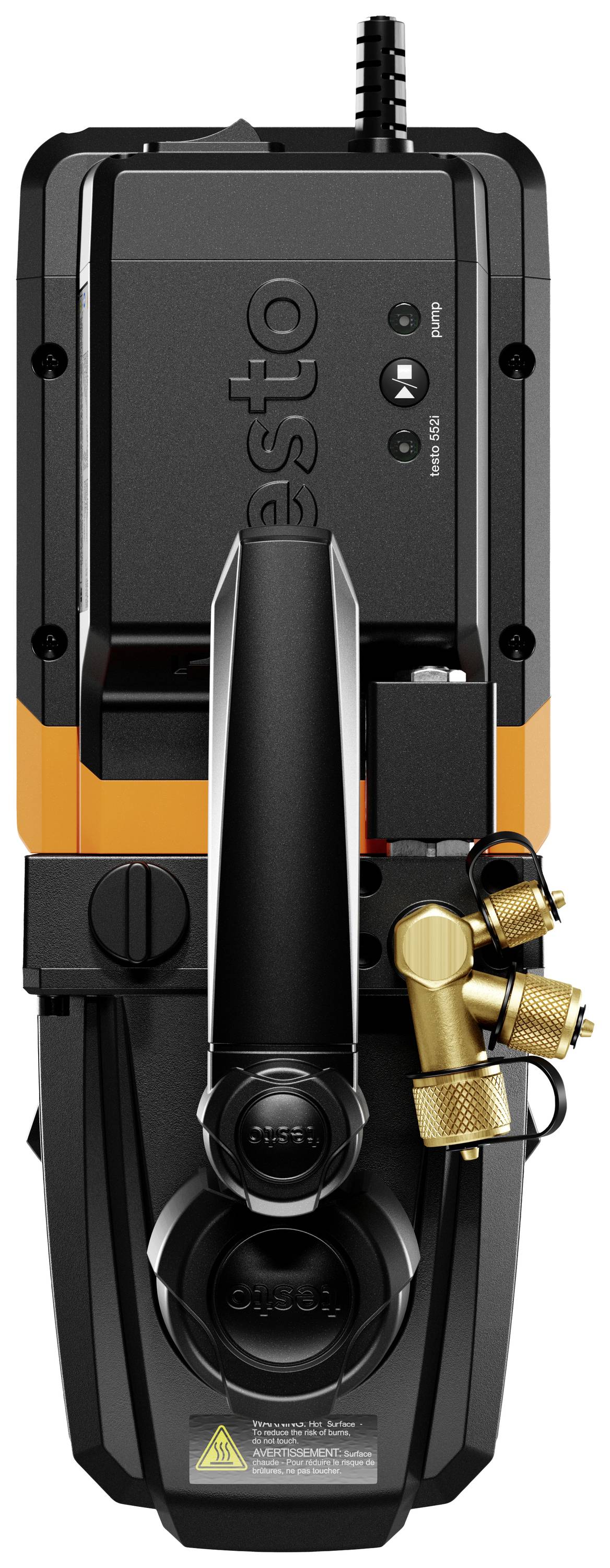 Schwarzes, rechteckiges Gerät mit orangefarbenem Streifen, Hebel und goldener Ventilanschluss. Hinweisetikett an der Vorderseite.