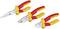 'Drei rote und gelbe Bosch-Zangen: Spitzzange, Kombizange und Seitenschneider auf weißem Hintergrund. Werkzeug-Set für Elektriker.'