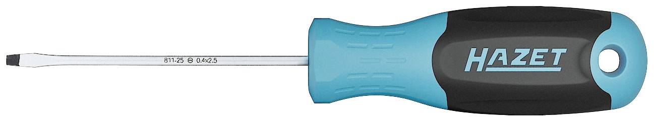 Ein Flachschraubendreher mit blau-schwarzem Griff und Metallklinge, auf der 'HAZET' steht. Geeignet für handwerkliche Arbeiten.