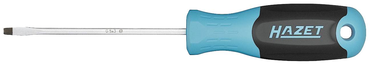 Ein flacher Schraubenzieher mit blau-schwarzem Griff und der Aufschrift 'HAZET' auf dem Griff.
